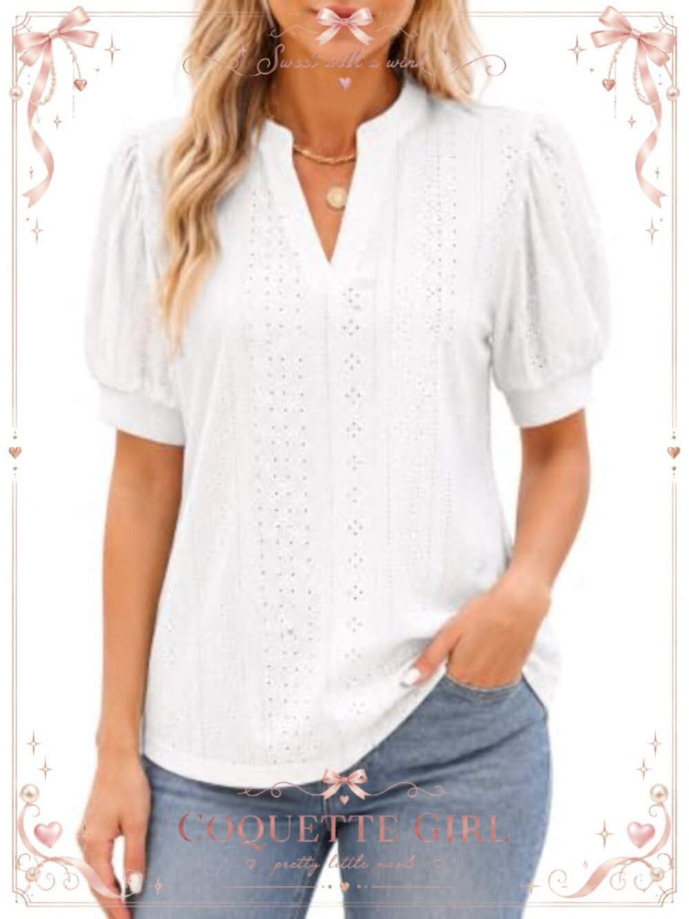 Women's Eyelet V Neck Bubble Sleeve Blouse Loose Fit Casual Top